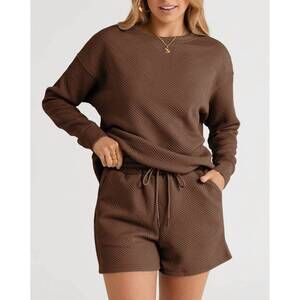NEW SHOP LALA LOO textured top and drawstring shorts set in brown